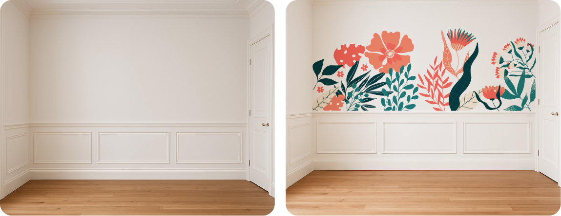 Living Room Feature Wall Design | Wood Floral Graphic Installation